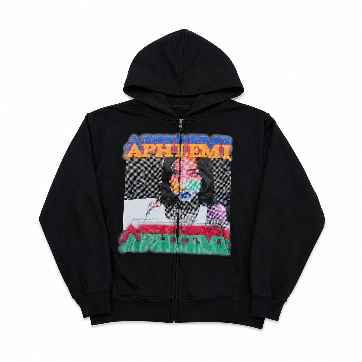 APHIEMI BLACK poleron oversize negro con cierre y grafica frontal de rostro y letras APHIEMI en colores